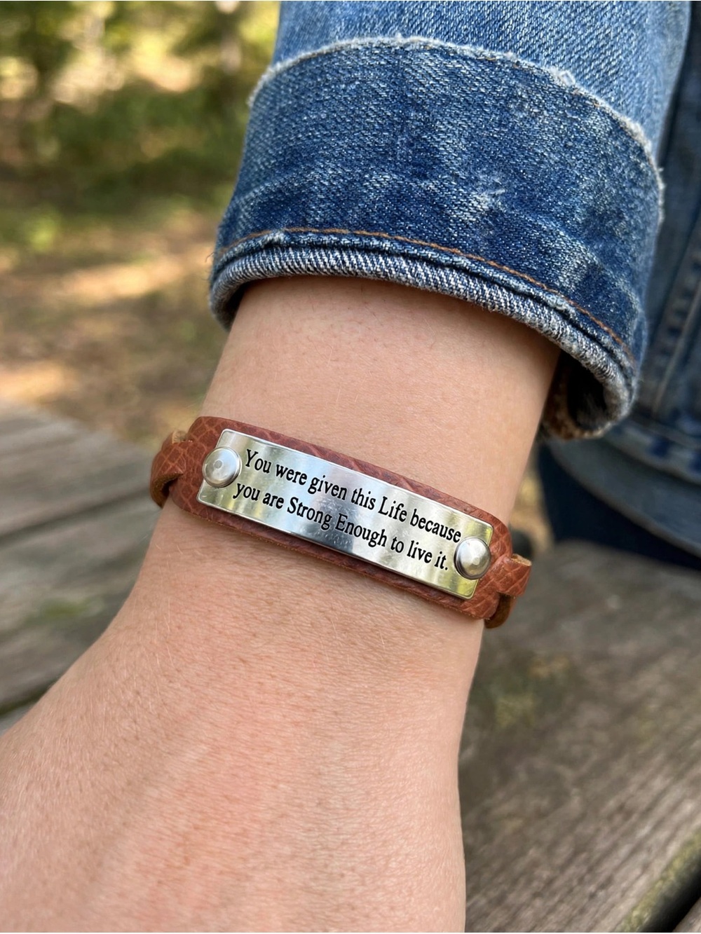 Motivational Brown Leather Bracelet with Engraved Plate